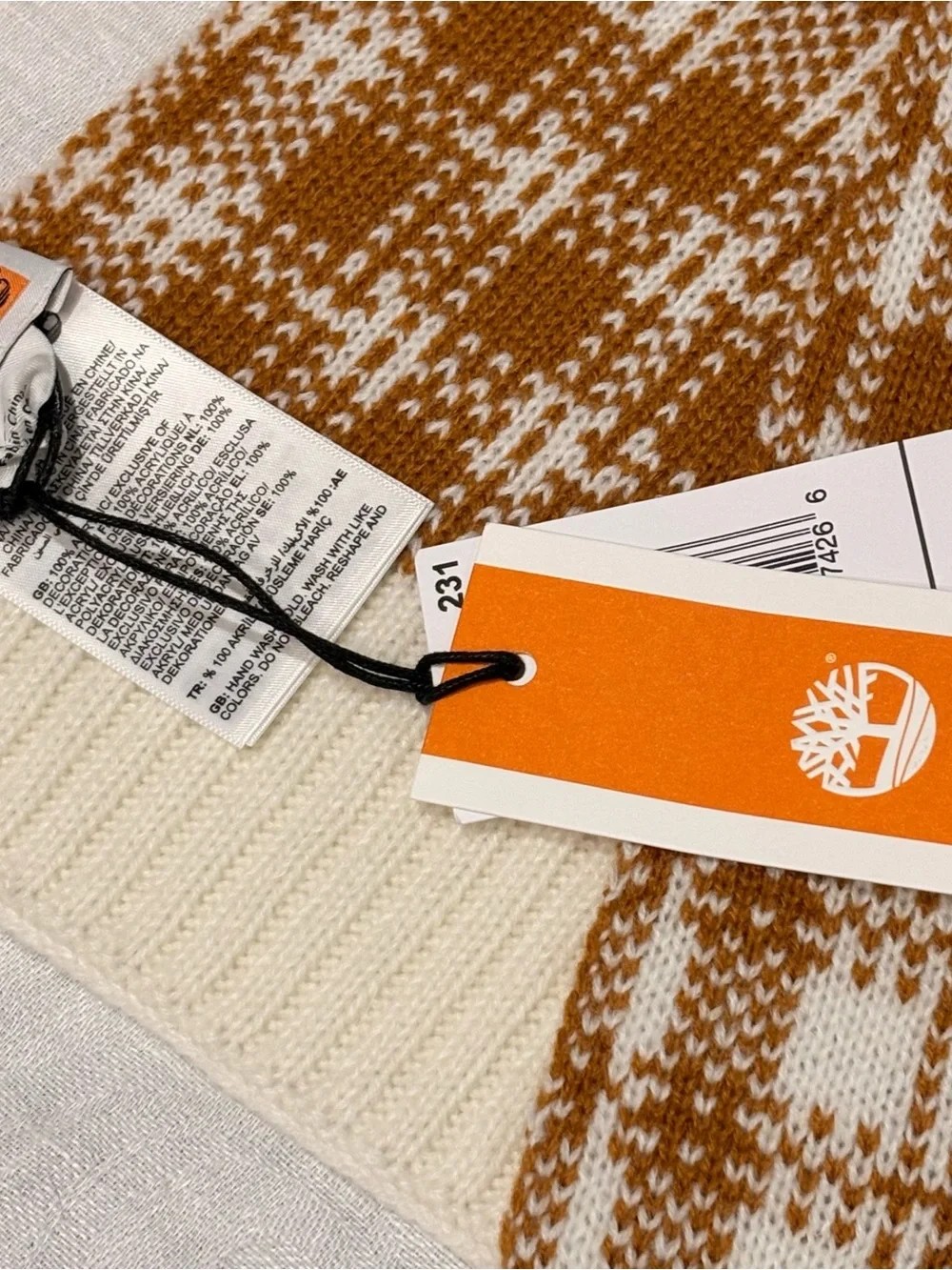 Timberland Cream and Camel Plaid Knit scarf Brand New